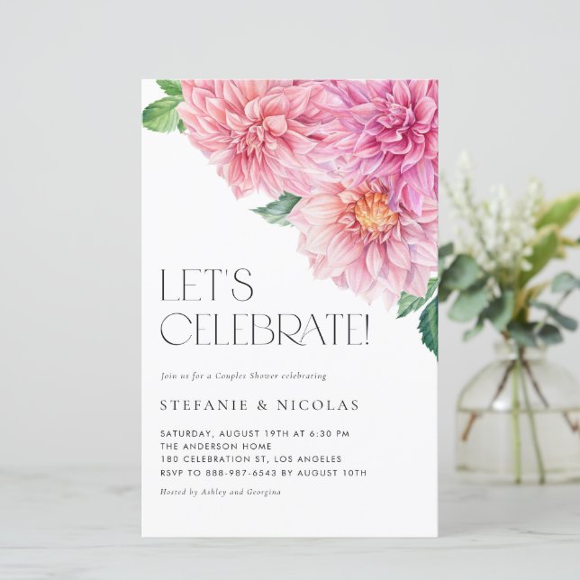 Watercolor Pink Dahlia Couples Shower Invitation (Standing Front)