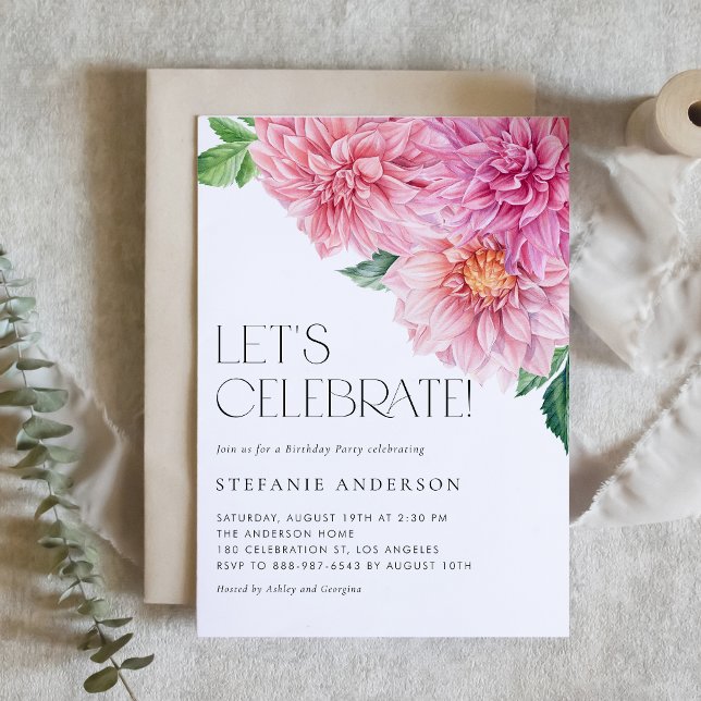 Watercolor Pink Dahlia Floral Birthday Party Invitation (Creator Uploaded)