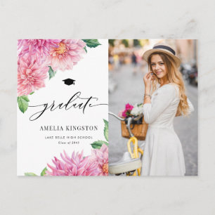 Watercolor Pink Dahlia Floral Photo Graduation Invitation Postcard