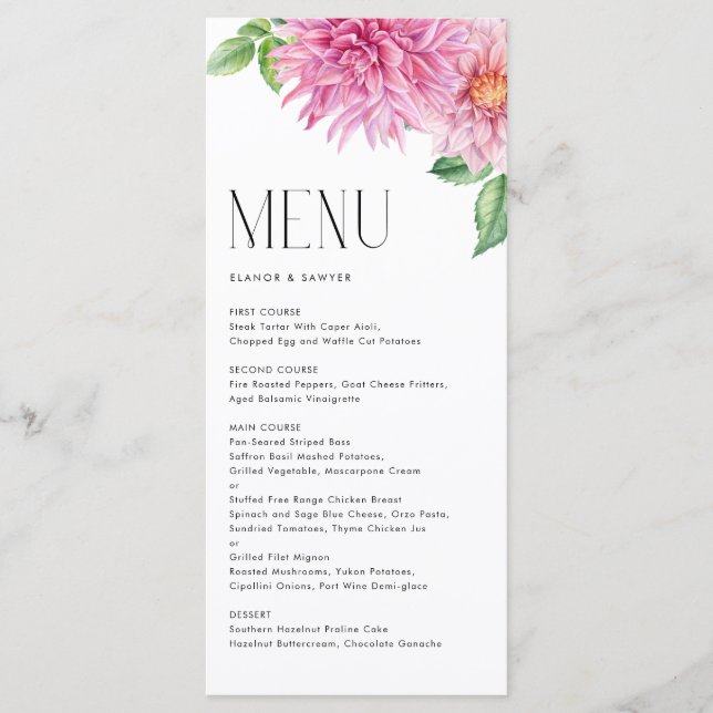 Watercolor Pink Dahlia Flowers Floral Wedding Menu (Front)