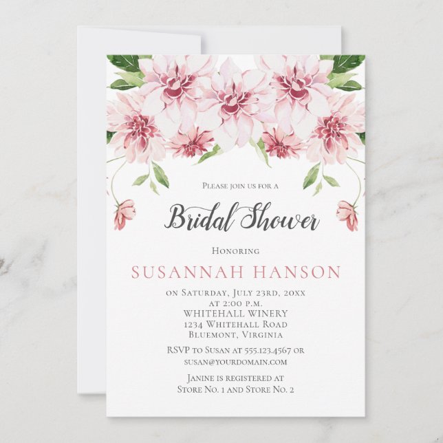 Watercolor Pink Dahlias Bridal Shower Invitation (Front)