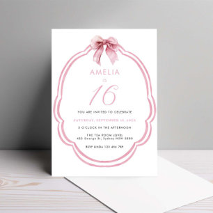 Watercolor Pink Dainty Bow 16th Birthday Invitation