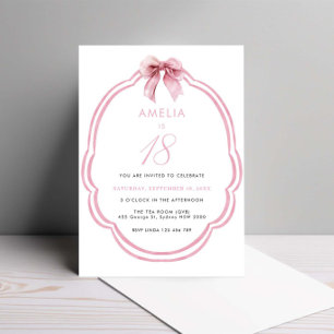 Watercolor Pink Dainty Bow 18th Birthday Invitation