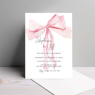 Watercolor Pink Dainty Bow 18th Birthday Invitation