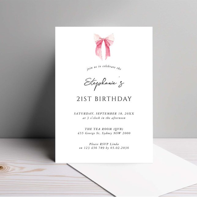 Watercolor Pink Dainty Bow 21st Birthday Invitation (Creator Uploaded)