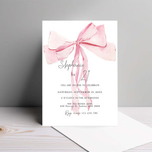 Watercolor Pink Dainty Bow 21st Birthday Invitation
