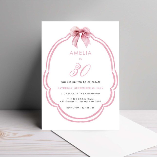 Watercolor Pink Dainty Bow 30th Birthday Invitation (Creator Uploaded)