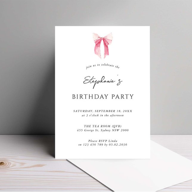 Watercolor Pink Dainty Bow Birthday Party Invitation (Creator Uploaded)