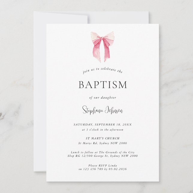 Watercolor Pink Dainty Bow Ribbon Baptism Invitation (Front)