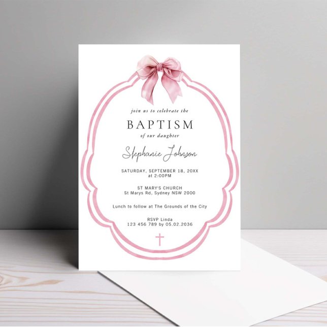 Watercolor Pink Dainty Bow Ribbon Baptism Invitation (Creator Uploaded)