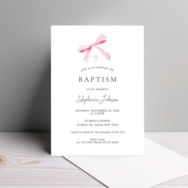 Watercolor Pink Dainty Bow Ribbon Baptism Invitation (Creator Uploaded)