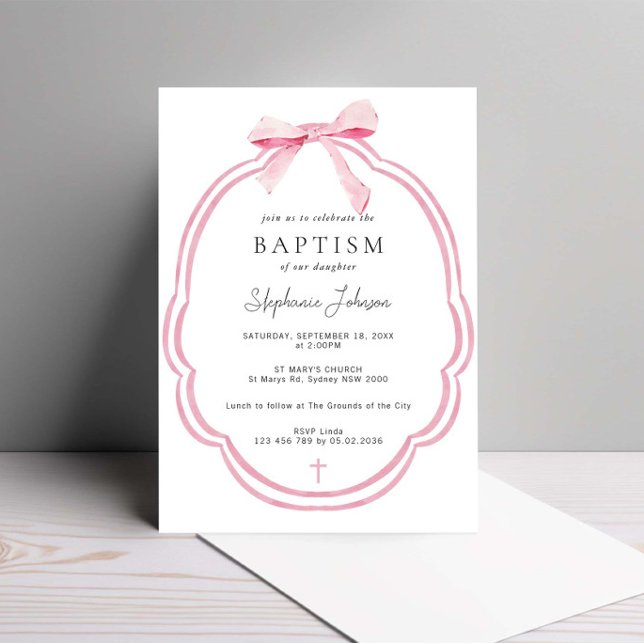 Watercolor Pink Dainty Bow Ribbon Baptism Invitation (Creator Uploaded)