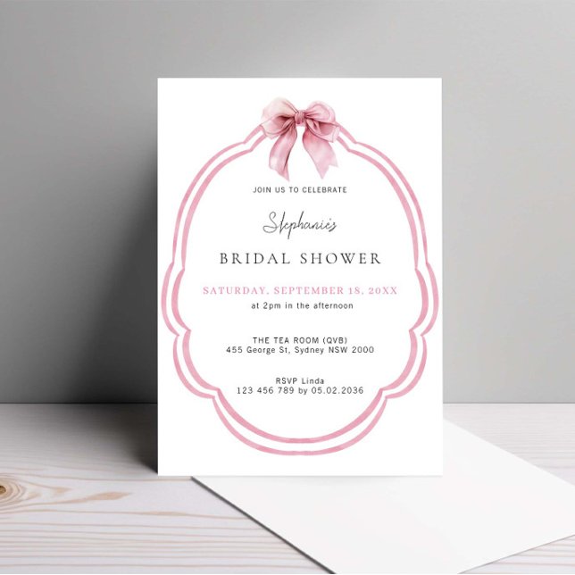 Watercolor Pink Dainty Bow Ribbon Bridal Shower Invitation (Creator Uploaded)