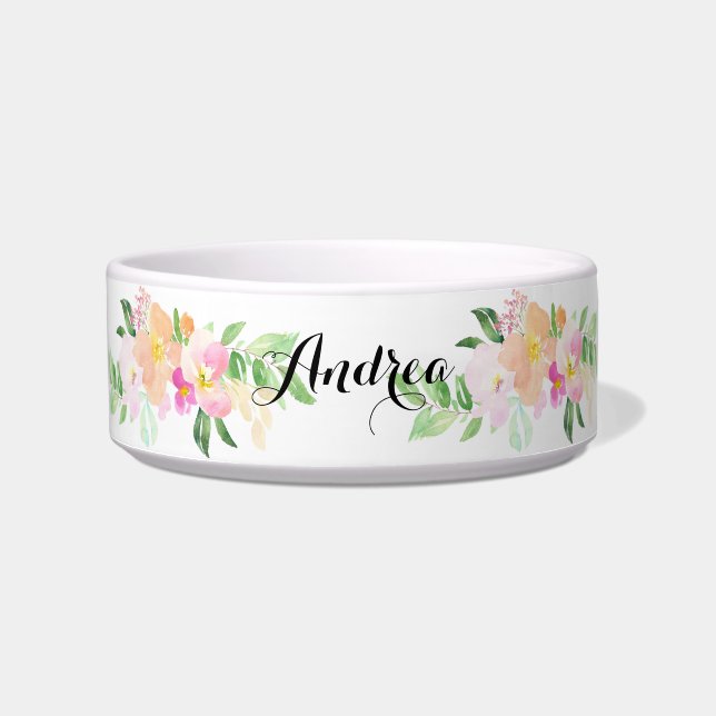 Watercolor Pink Dainty Flowers Custom Pet Name Bowl (Front)