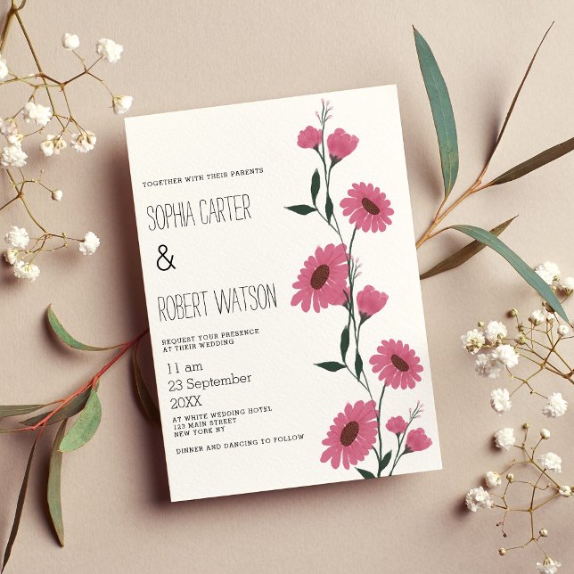 Watercolor pink dark green daisies floral wedding invitation (Watercolor pink dark green daisies floral wedding)