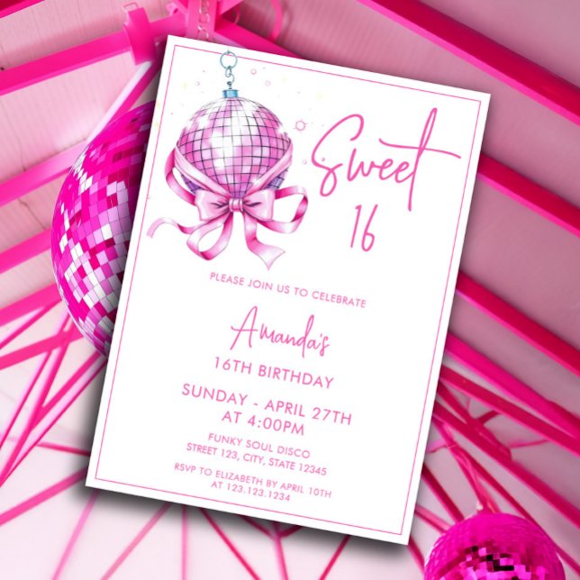 Watercolor Pink Disco Coquette Sweet 16 Birthday Invitation (Creator Uploaded)
