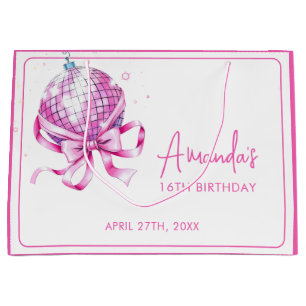 Watercolor Pink Disco Coquette Sweet 16 Birthday Large Gift Bag