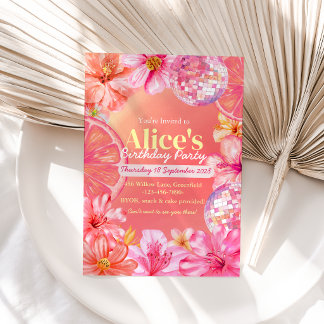 Watercolor Pink Disco Floral Citrus Birthday Party Invitation