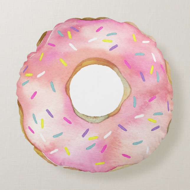 Watercolor Pink Donut Sprinkles Cute Doughnut Round Cushion (Front)