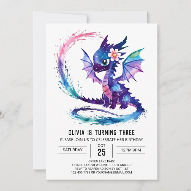 Watercolor Pink Dragon Digital Girl Birthday Invitation (Front)