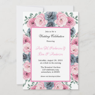 Watercolor Pink & Dusty Blue Blooms Wedding Invitation