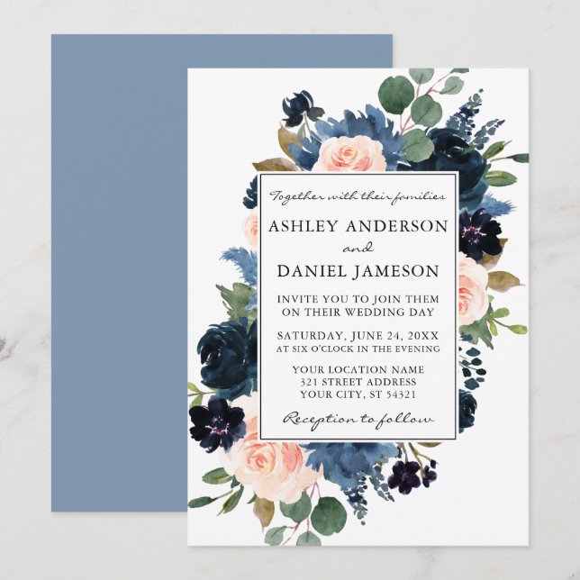 Watercolor Pink Dusty Blue Floral Frame Wedding Invitation (Front/Back)