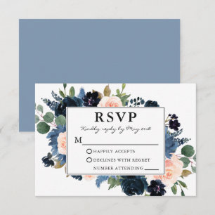 Watercolor Pink Dusty Blue Floral Frame Wedding RSVP Card