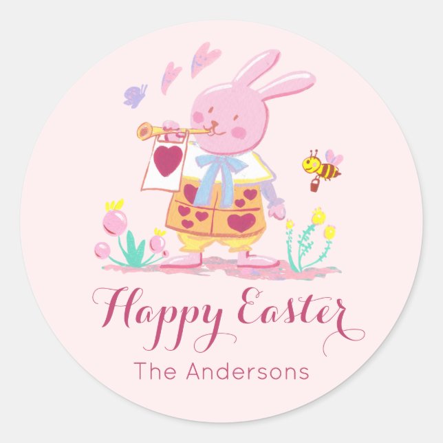 watercolor pink easter bunny in garden classic round sticker (Front)