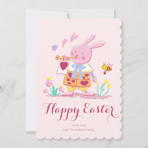 watercolor pink easter bunny in garden holiday card
