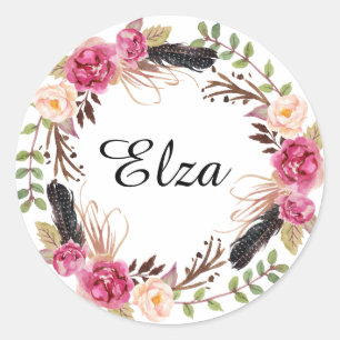 Watercolor Pink Elegant Florals and feathers  Classic Round Sticker