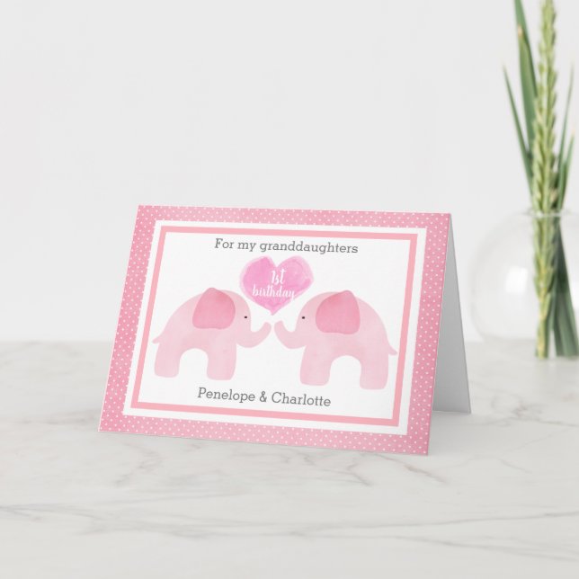 Watercolor Pink Elephant Twins 1st Birthday Card (Front)