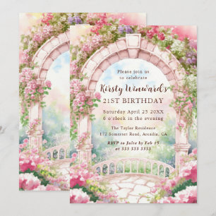 Watercolor Pink English Garden Arch 21st Birthday Invitation