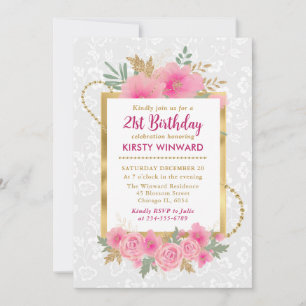 Watercolor Pink Fall Flowers 21st Birthday Invitation