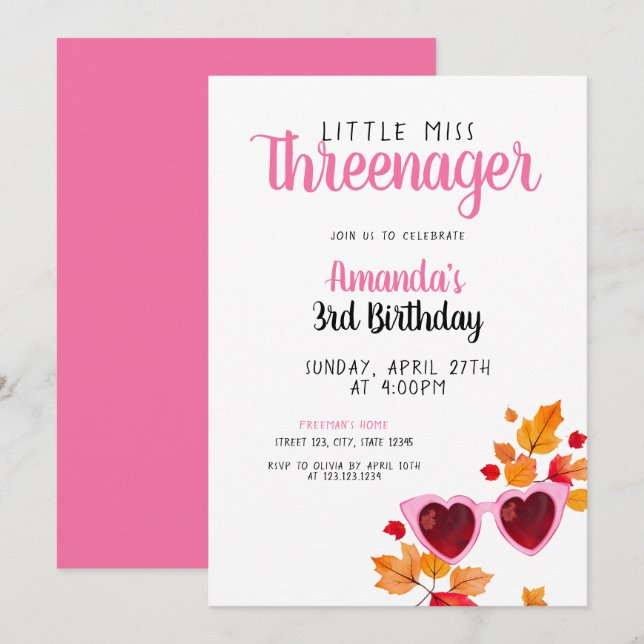 Watercolor Pink Fall Sunglasses 3rd Birthday Invitation (Front/Back)