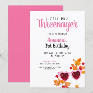 Watercolor Pink Fall Sunglasses 3rd Birthday Invitation