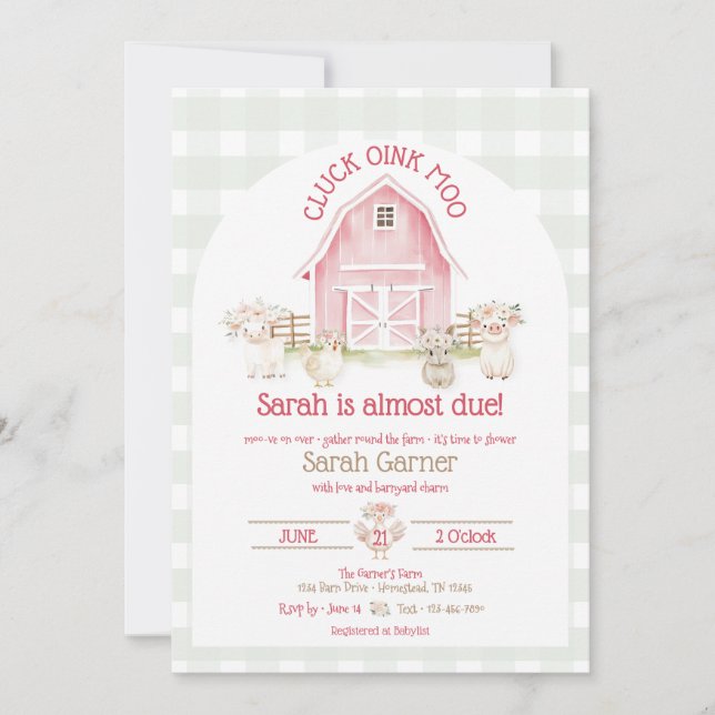 Watercolor Pink Farm Animals Baby Shower Invites (Front)