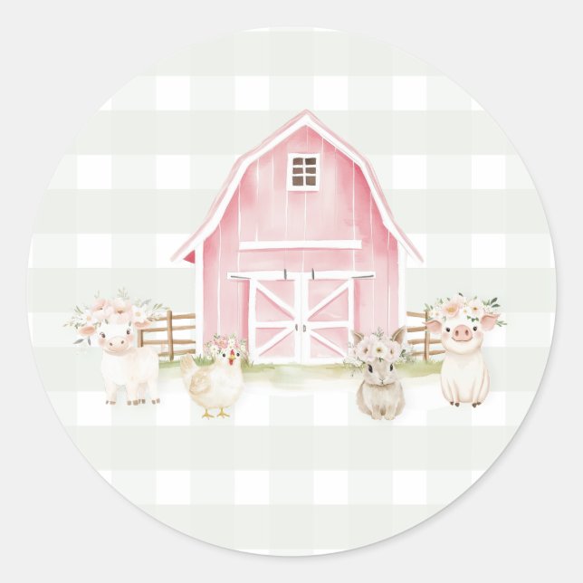 Watercolor Pink Farm Animals Baby Shower Stickers (Front)