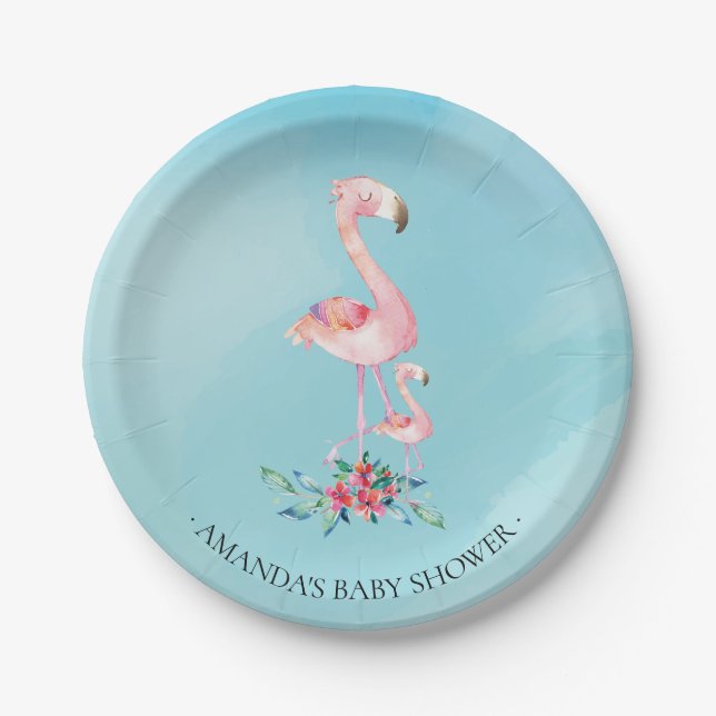 Watercolor Pink Flamingo Baby Shower 7" Plate (Front)