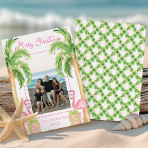 Watercolor Pink Flamingo Beach Christmas Photo