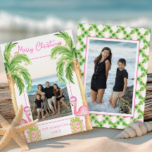 Watercolor Pink Flamingo Beach Christmas Photo