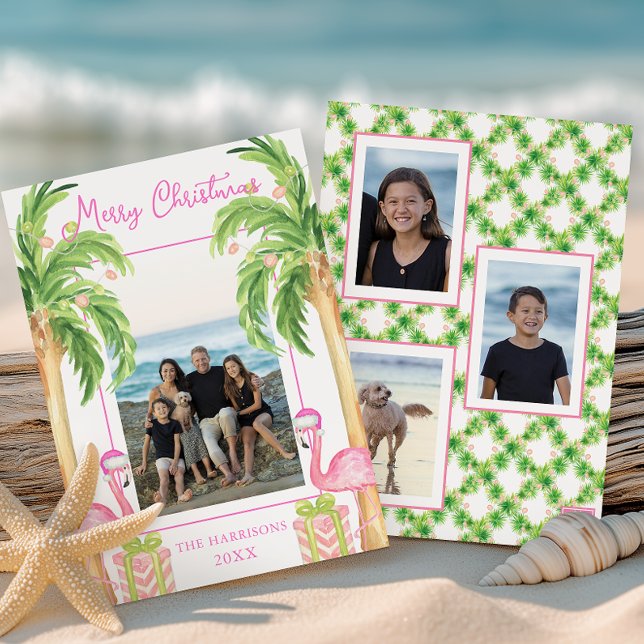 Watercolor Pink Flamingo Beach Christmas Photo Holiday Card (Creator Uploaded)