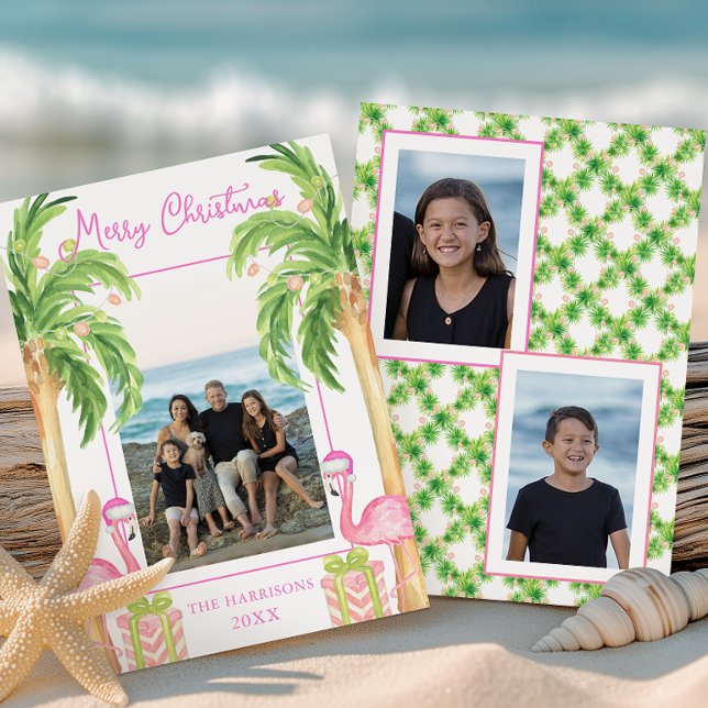 Watercolor Pink Flamingo Beach Christmas Photo Holiday Card (Creator Uploaded)