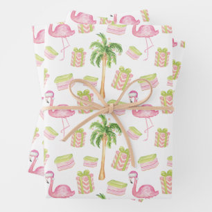Watercolor Pink Flamingo Beach Christmas Wrapping Paper Sheet