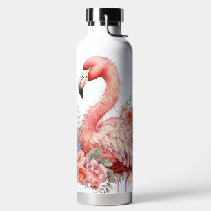 WATERCOLOR PINK FLAMINGO BIRD AND FLOWERS WATER BOTTLE