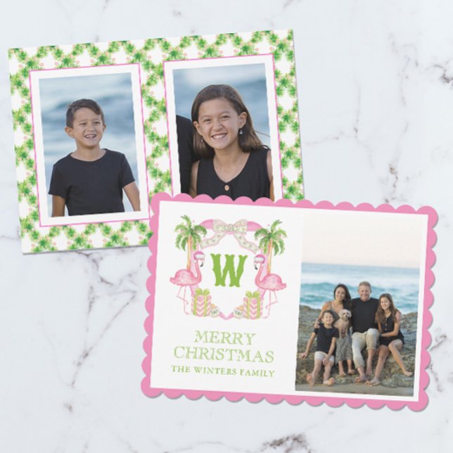 Watercolor Pink Flamingo Christmas Monogram Crest Holiday Card (Creator Uploaded)