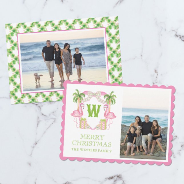 Watercolor Pink Flamingo Christmas Monogram Crest Holiday Card (Creator Uploaded)