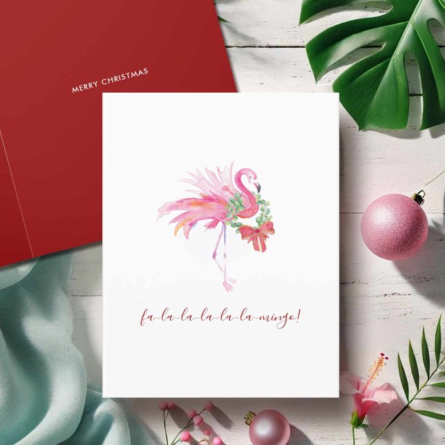 Watercolor Pink Flamingo Florida Beach Christmas Holiday Card (Florida Christmas cards tropical watercolor pink flamingo art by Victoria Grigaliunas DoTellABelle)