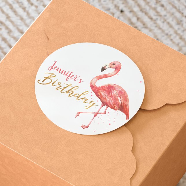 Watercolor Pink Flamingo Gold Birthday | Classic Round Sticker (Creator Uploaded)