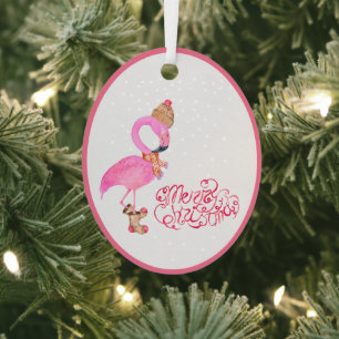 Watercolor Pink Flamingo Merry Christmas Metal Tree Decoration