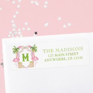 Watercolor Pink Flamingo Monogram Crest Address